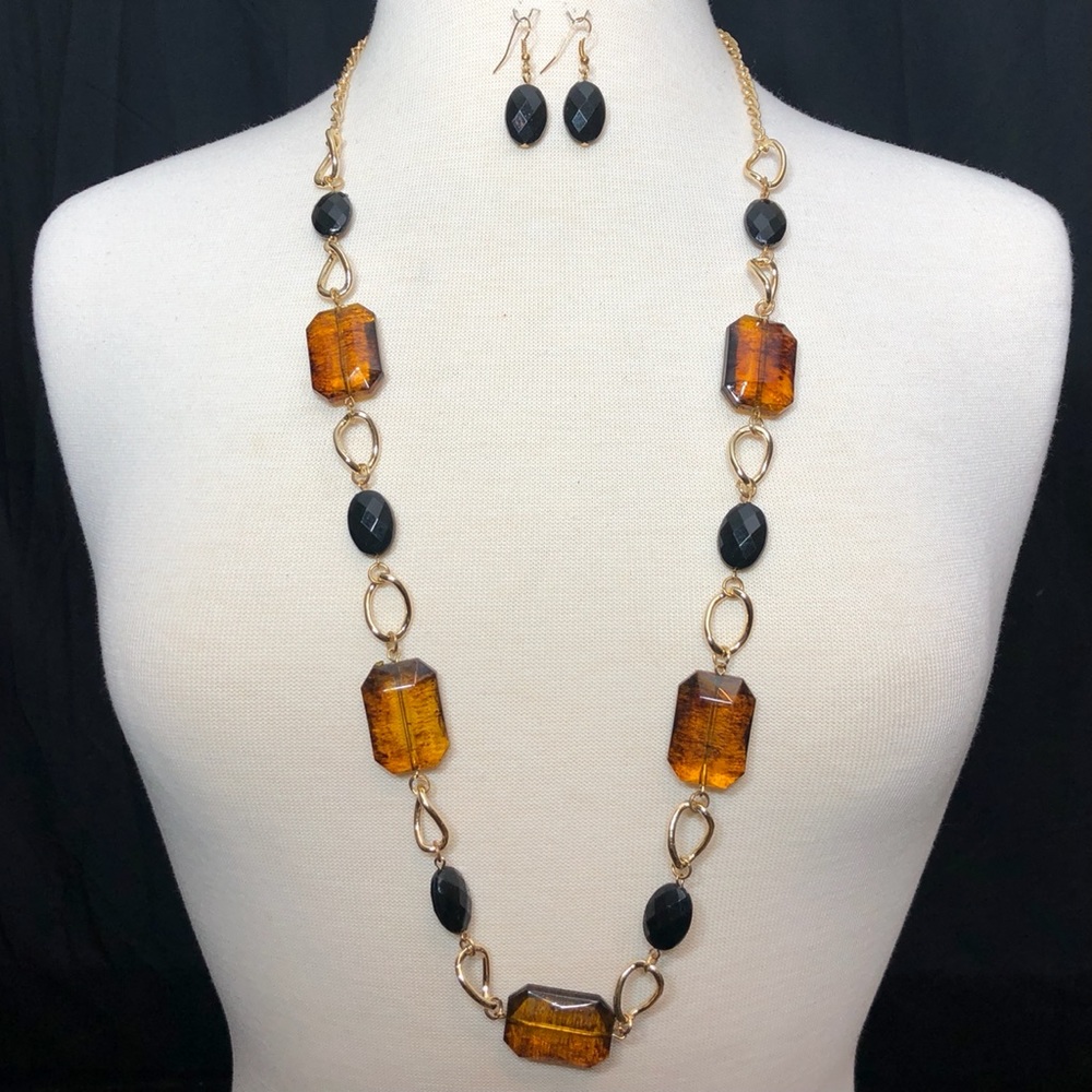Long Tortoise Shell Look Necklace Earrings Set